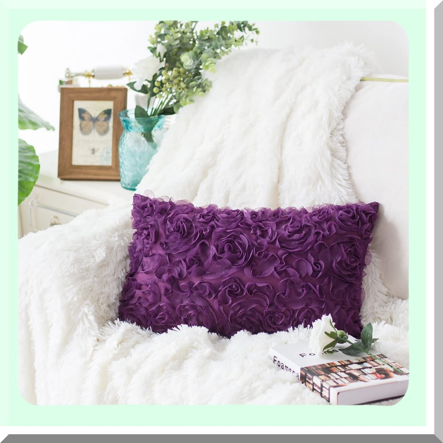 Stereo Rose Flower Decorative Pillow Cases - Pack of 2 Solid 3D Chiffon Cushion Covers for Couch Sofa Bedroom - Purple 12 X 20 Inches