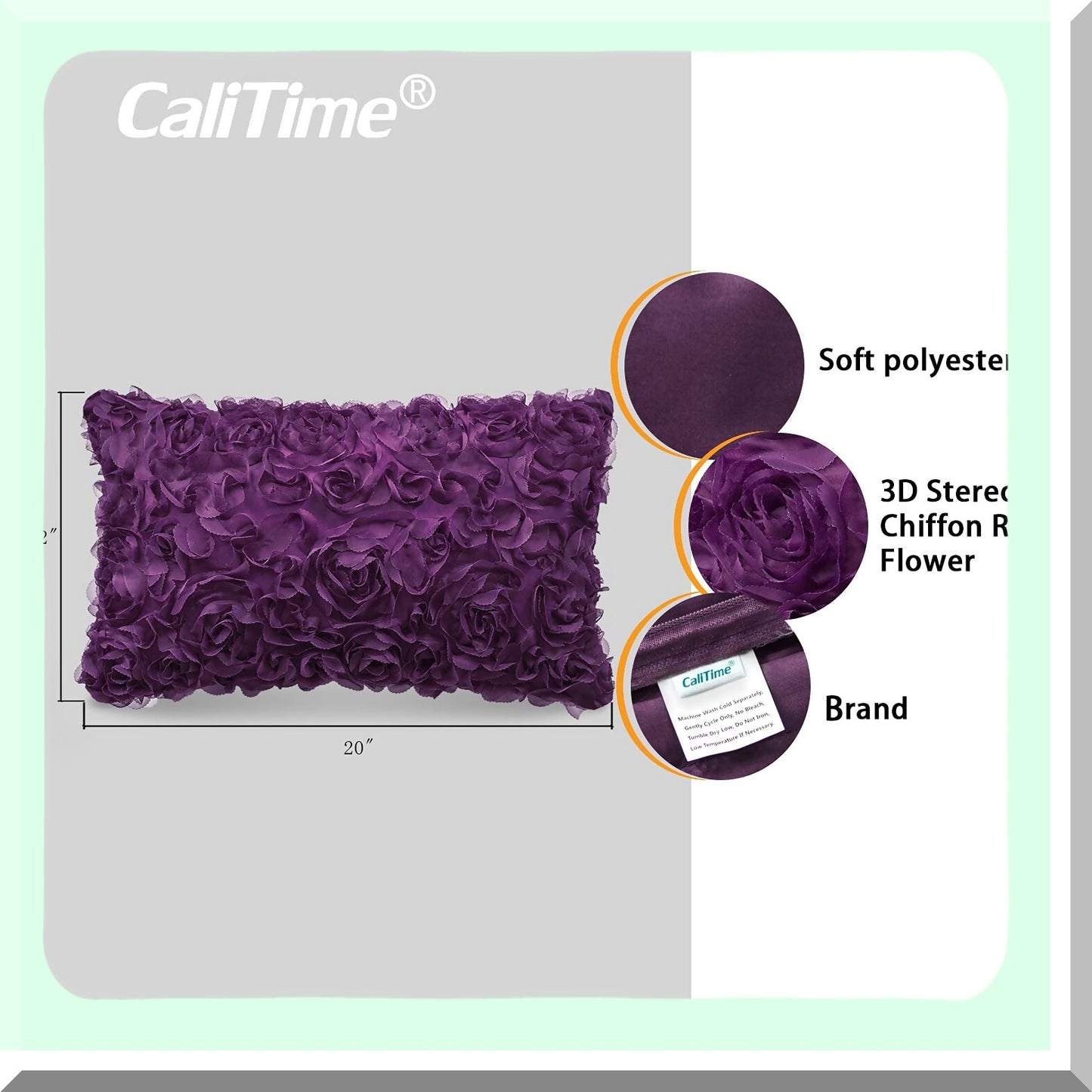 Stereo Rose Flower Decorative Pillow Cases - Pack of 2 Solid 3D Chiffon Cushion Covers for Couch Sofa Bedroom - Purple 12 X 20 Inches