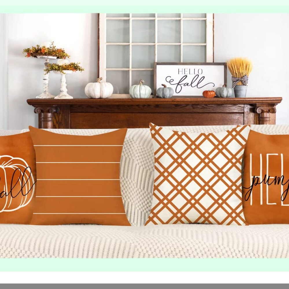 Autumn Harvest Pillow Covers Set of 4 - Pumpkin Farmhouse Decor - Orange Stripes - Thanksgiving Farmhouse Pillows - Home Couch Decor - 20x20 Decorative Case