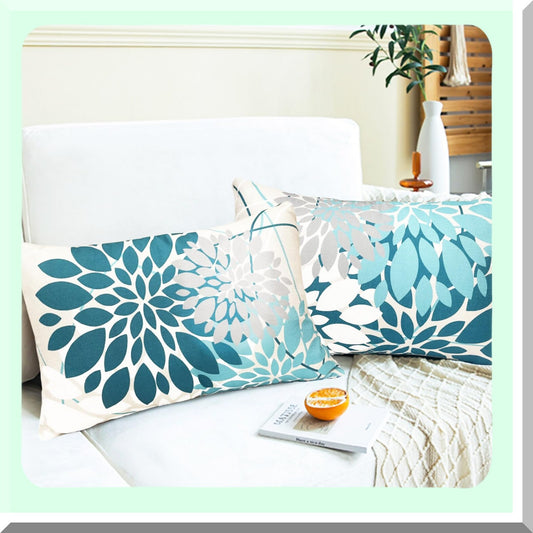 Geometric Floral Linen Throw Pillow Covers - Set of 2 | Modern Farmhouse Decorative Cushion Covers for Couch, Living Room, Bedroom & Outdoor - 12x20 Inch Square Sofa Pillow Cases in Teal Blue