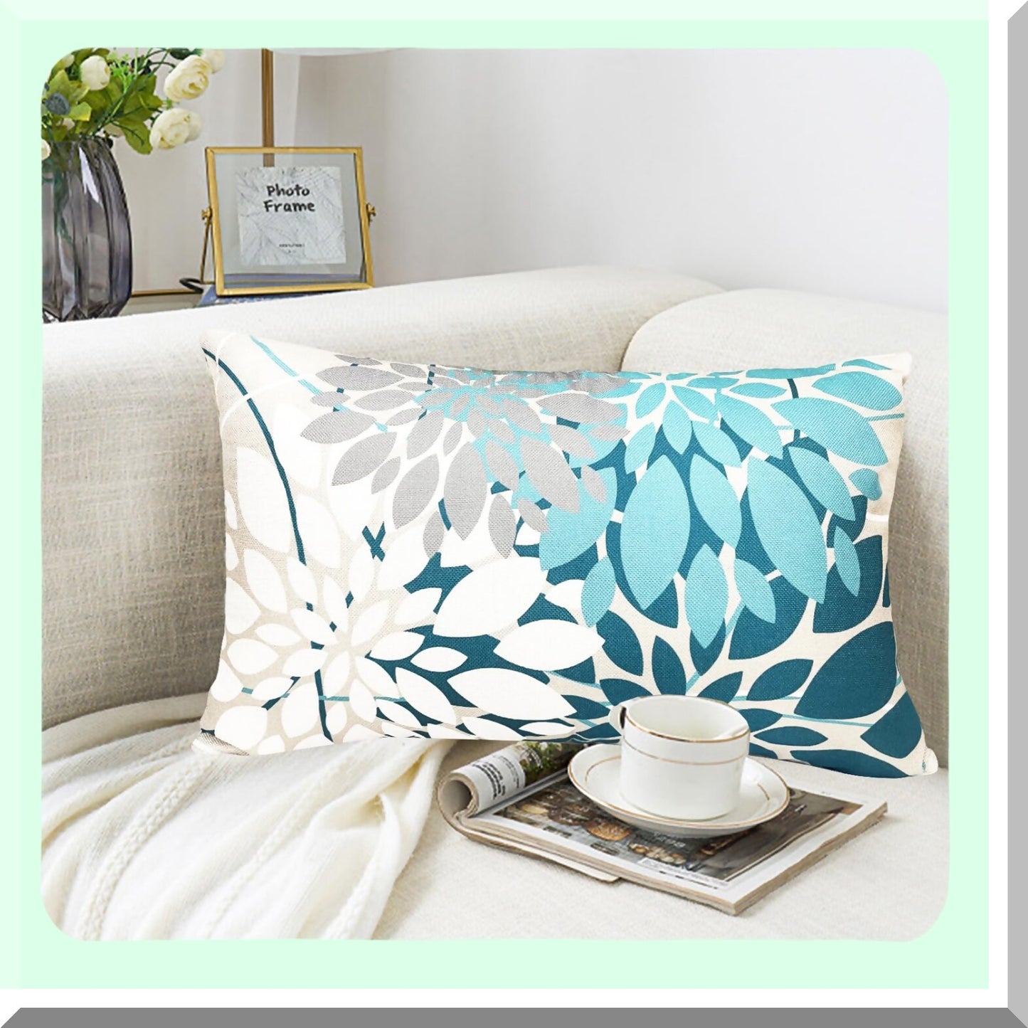 Geometric Floral Linen Throw Pillow Covers - Set of 2 | Modern Farmhouse Decorative Cushion Covers for Couch, Living Room, Bedroom & Outdoor - 12x20 Inch Square Sofa Pillow Cases in Teal Blue