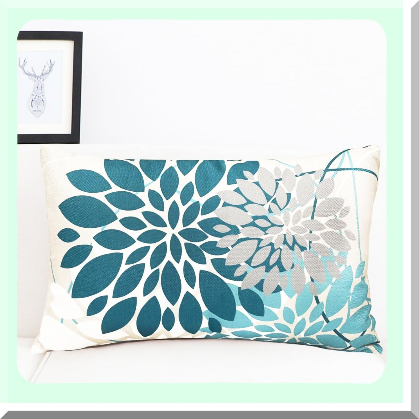 Geometric Floral Linen Throw Pillow Covers - Set of 2 | Modern Farmhouse Decorative Cushion Covers for Couch, Living Room, Bedroom & Outdoor - 12x20 Inch Square Sofa Pillow Cases in Teal Blue