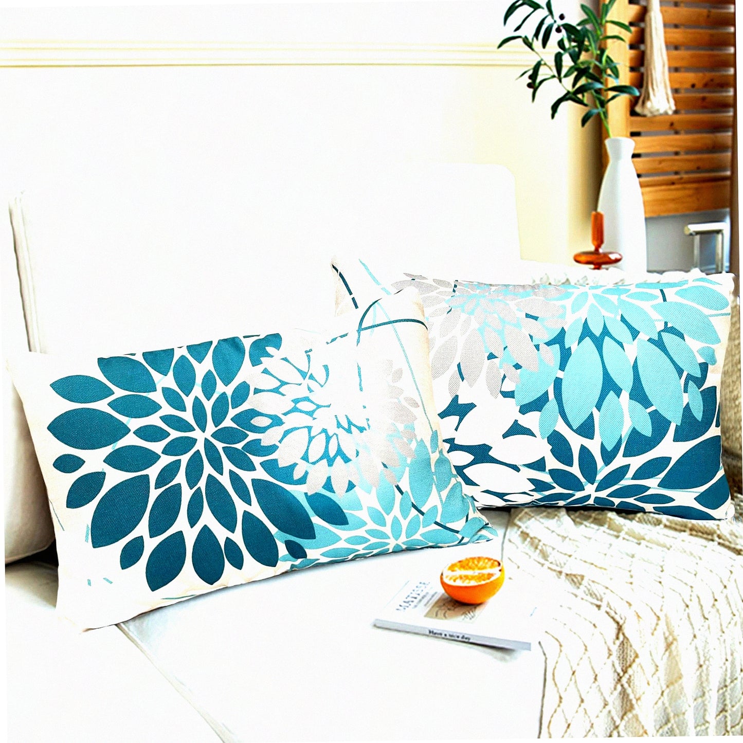 Geometric Floral Linen Throw Pillow Covers - Set of 2 | Modern Farmhouse Decorative Cushion Covers for Couch, Living Room, Bedroom & Outdoor - 12x20 Inch Square Sofa Pillow Cases in Teal Blue