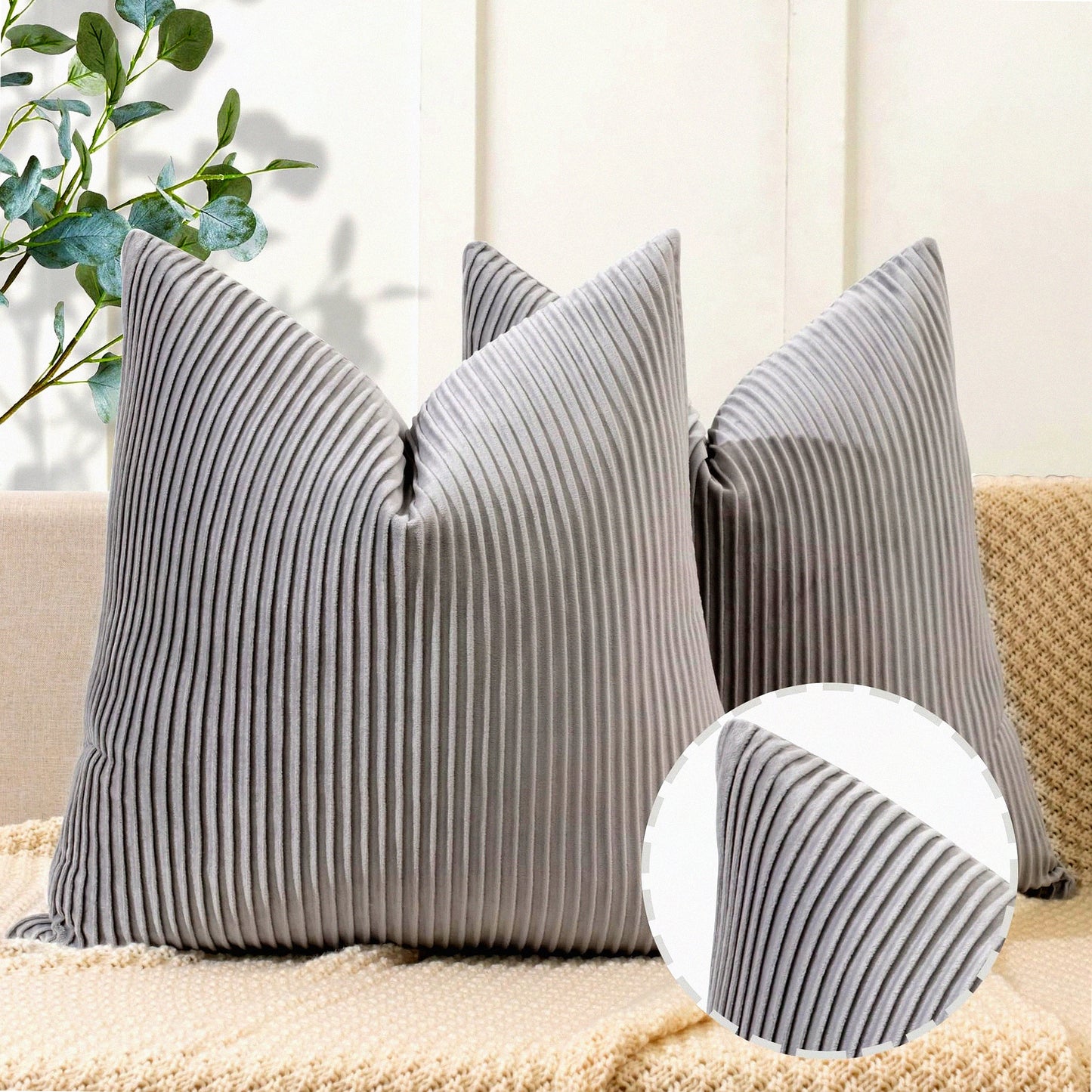 Luxury Velvet Stripe Pillow Covers - Set of 2 Dark Gray 26x26 - Soft Throw Pillows for Home Decor, Couch, Bed, Living Room - Decorative Cushion Covers