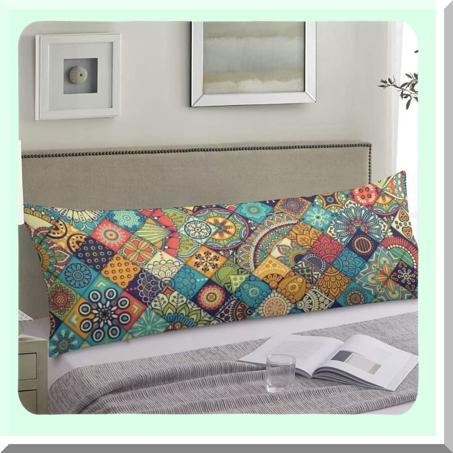 Floral Boho Chic Body Pillow Cover - 20"x54" Polyester Decorative Pillowcase with Zipper - Bohemian Themed Cushion Case - Stylish Home Decor