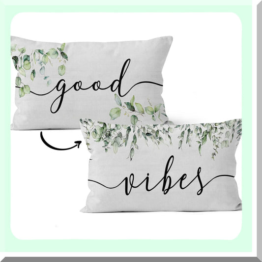 Eucalyptus Leaf Motivational Pillowcase - Good Vibes Decor 12x20 Inch