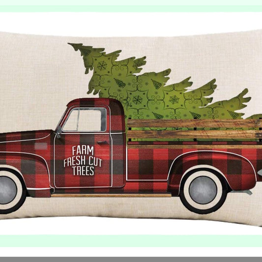 Plaid Pine Tree Lumbar Pillow Cover - Red Black Cotton Linen Decorative Sofa Chair Car Throw Cushion Case 12x20inches