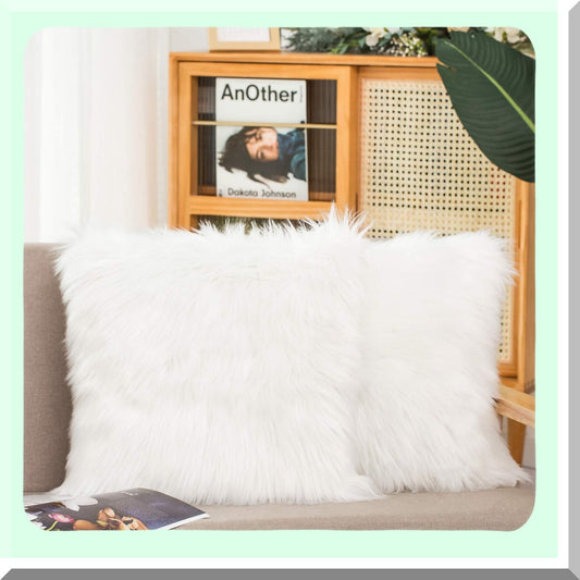 Fluffy White Square Pillow Covers - Soft Fuzzy Cushion Cases for Sofa, Couch, Bed - Decorative Throw Pillows Set of 2 - 18 x 18 Inches - Cafe Chic