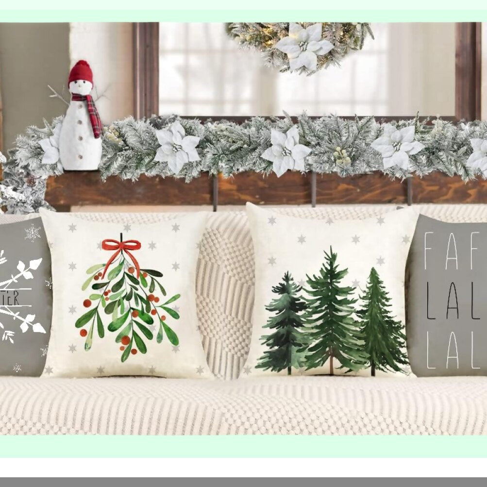 Winter Wonderland Holiday Pillow Cover - Festive Mistletoe Pine Spruce Cushion Case for Christmas Decor - 18x18 Inch Green Throw Pillow Cover