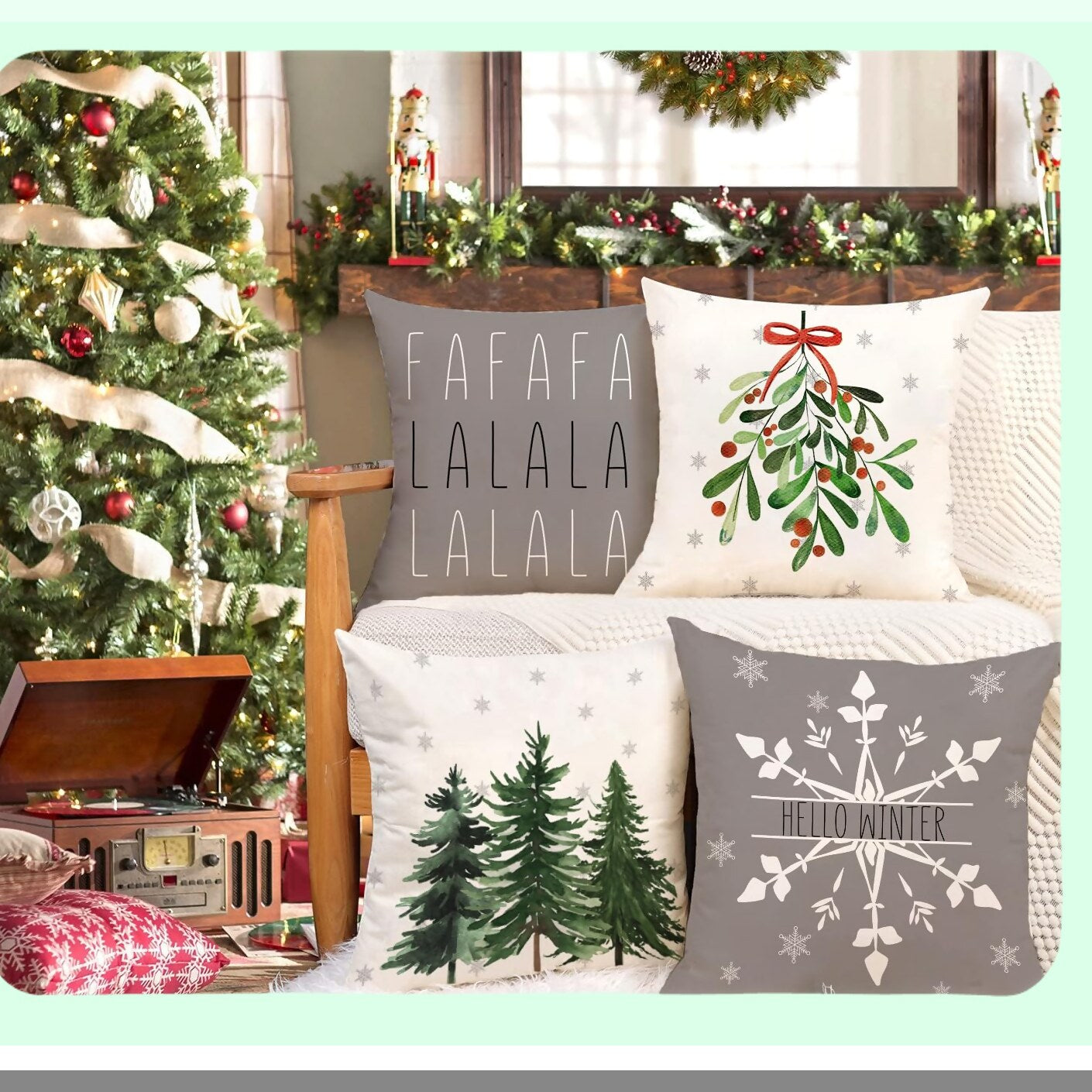 Winter Wonderland Holiday Pillow Cover - Festive Mistletoe Pine Spruce Cushion Case for Christmas Decor - 18x18 Inch Green Throw Pillow Cover