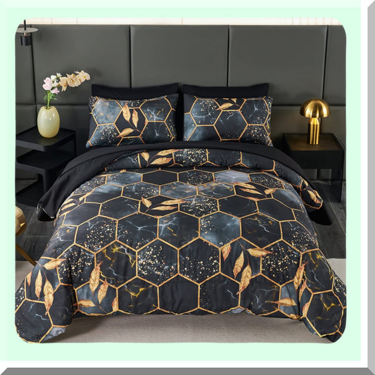 HexaGold 7-Piece Full Size Comforter Set - Geometric Black and Gold Bedding Set with Watercolor F Print, Includes Comforter and Sheets