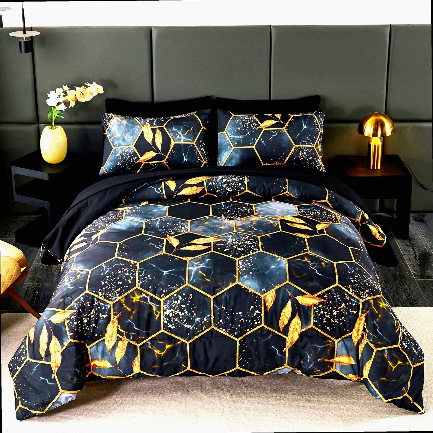 HexaGold 7-Piece Full Size Comforter Set - Geometric Black and Gold Bedding Set with Watercolor F Print, Includes Comforter and Sheets