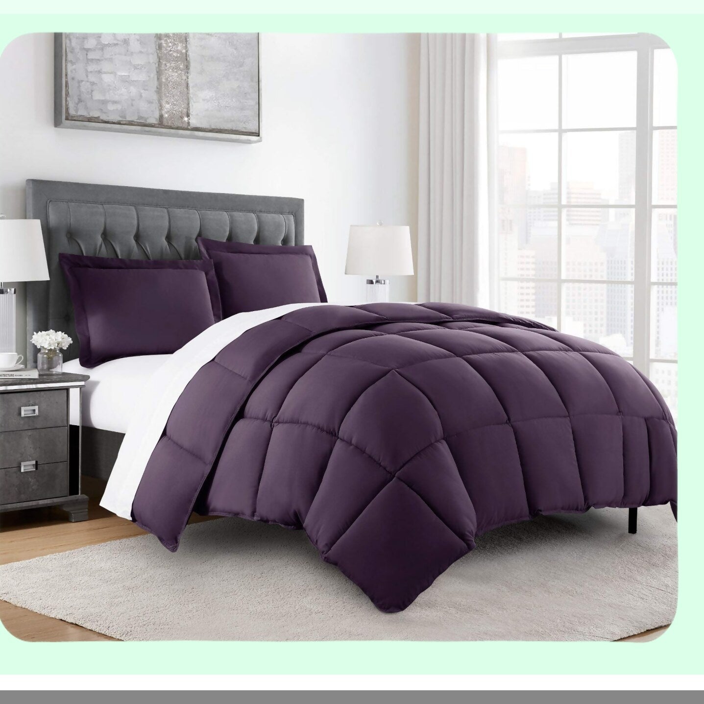 Luxury Brushed Microfiber Comforter Set - Lightweight All Seasons 3-Piece Down Alternative Bedding - Oversized Queen Size - Dark Purple Comforter