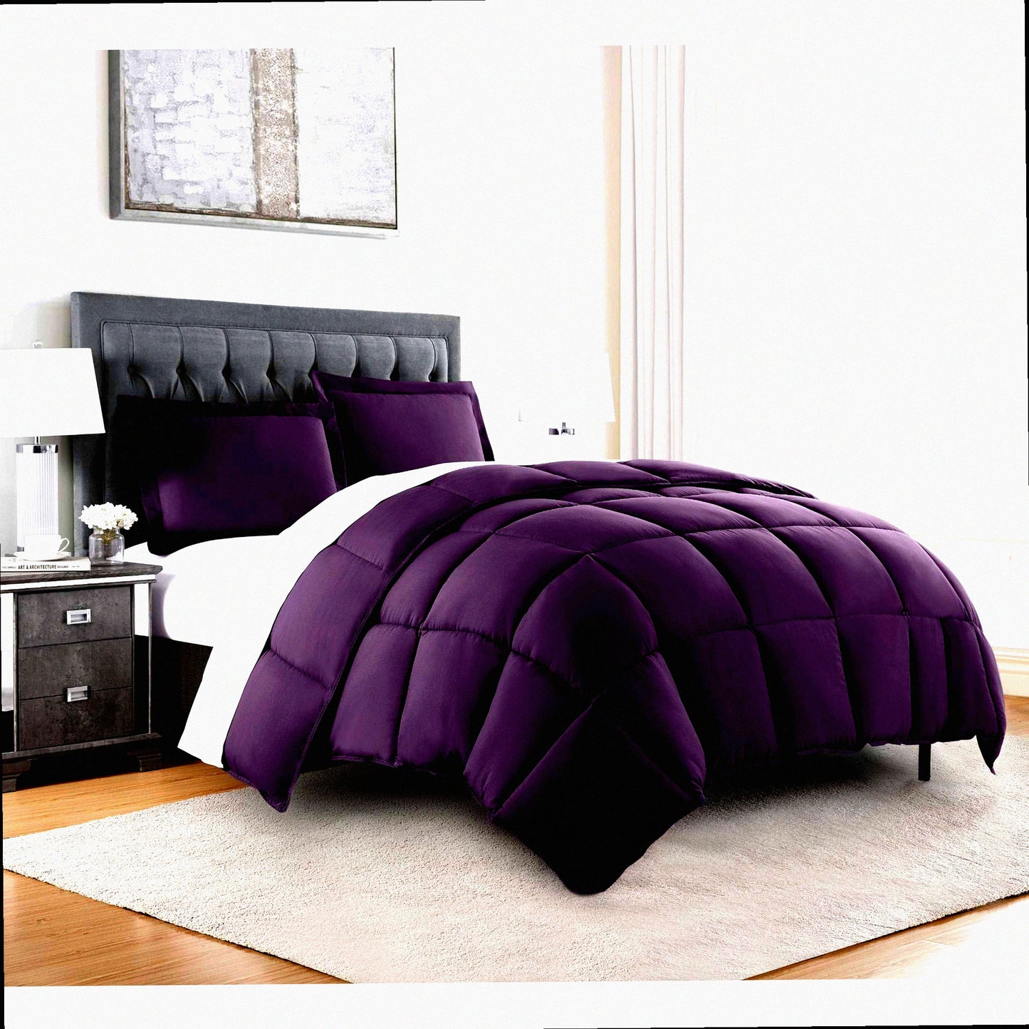 Luxury Brushed Microfiber Comforter Set - Lightweight All Seasons 3-Piece Down Alternative Bedding - Oversized Queen Size - Dark Purple Comforter