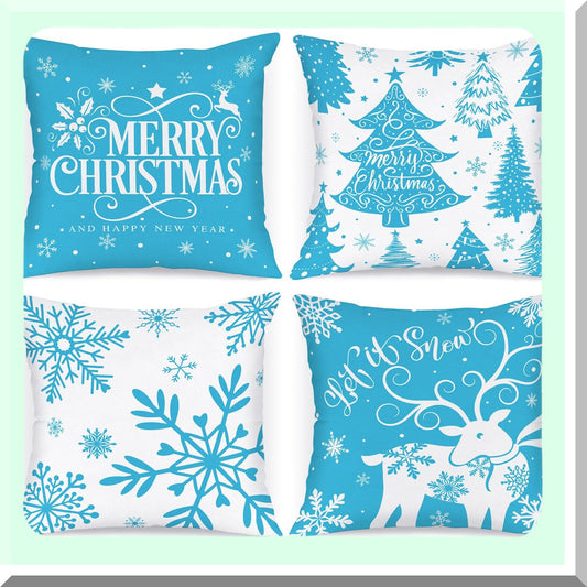 Snowflake Winter Wonderland Pillow Cover Set - 16x16 Decorative Xmas Cushion Case for Home Sofa - White & Blue Throw Pillow Cover - Set of 4