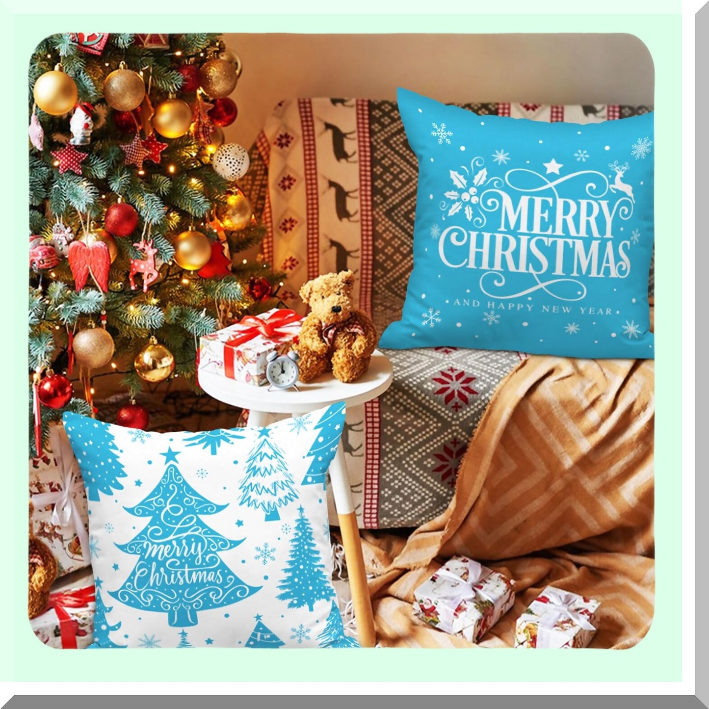Snowflake Winter Wonderland Pillow Cover Set - 16x16 Decorative Xmas Cushion Case for Home Sofa - White & Blue Throw Pillow Cover - Set of 4
