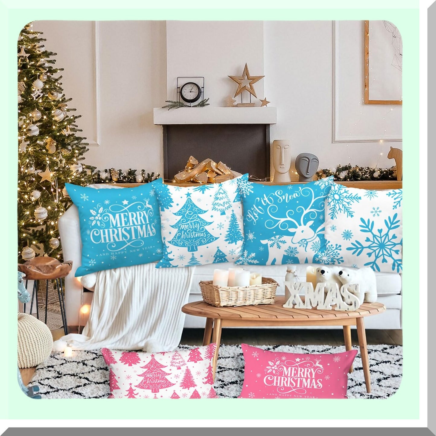 Snowflake Winter Wonderland Pillow Cover Set - 16x16 Decorative Xmas Cushion Case for Home Sofa - White & Blue Throw Pillow Cover - Set of 4