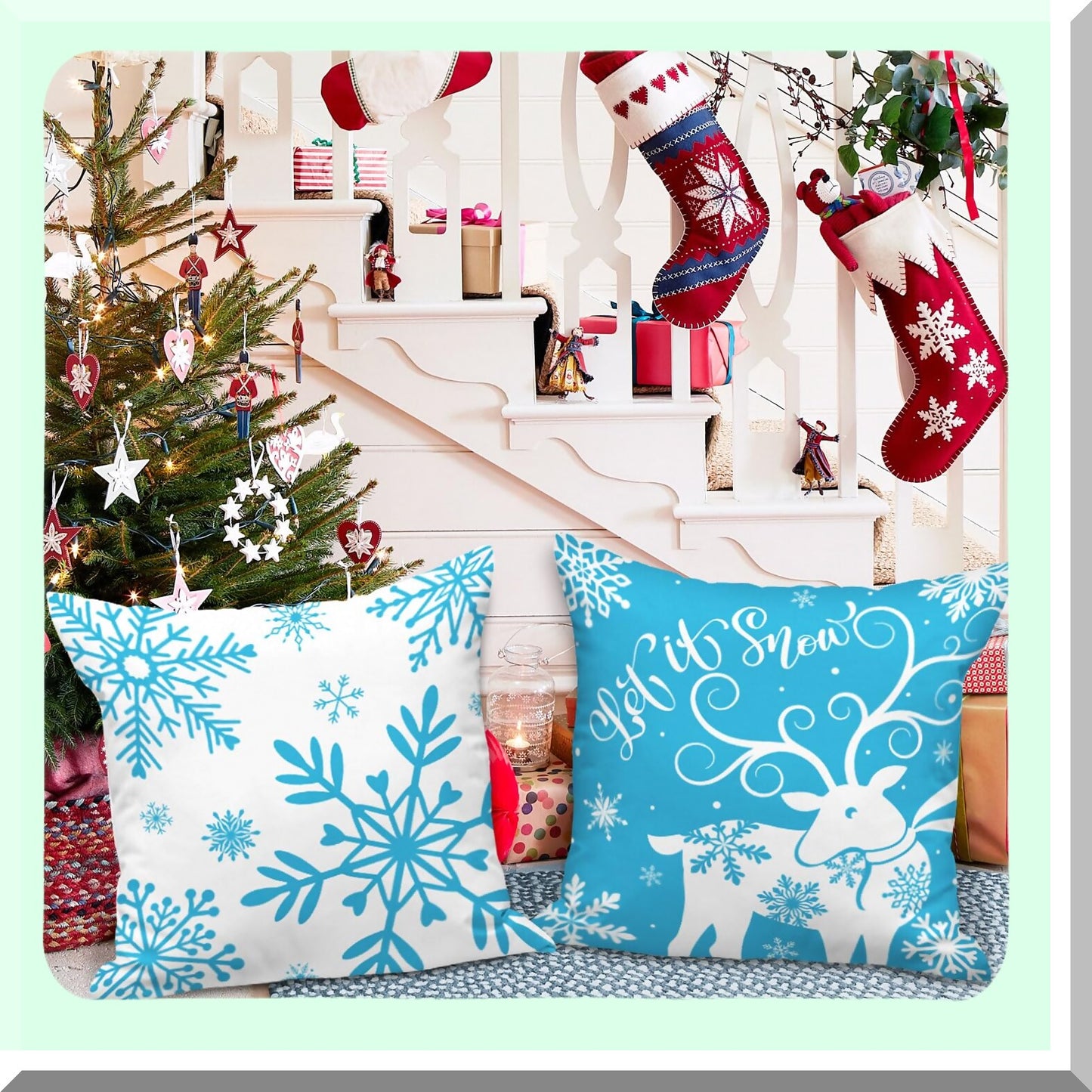 Snowflake Winter Wonderland Pillow Cover Set - 16x16 Decorative Xmas Cushion Case for Home Sofa - White & Blue Throw Pillow Cover - Set of 4