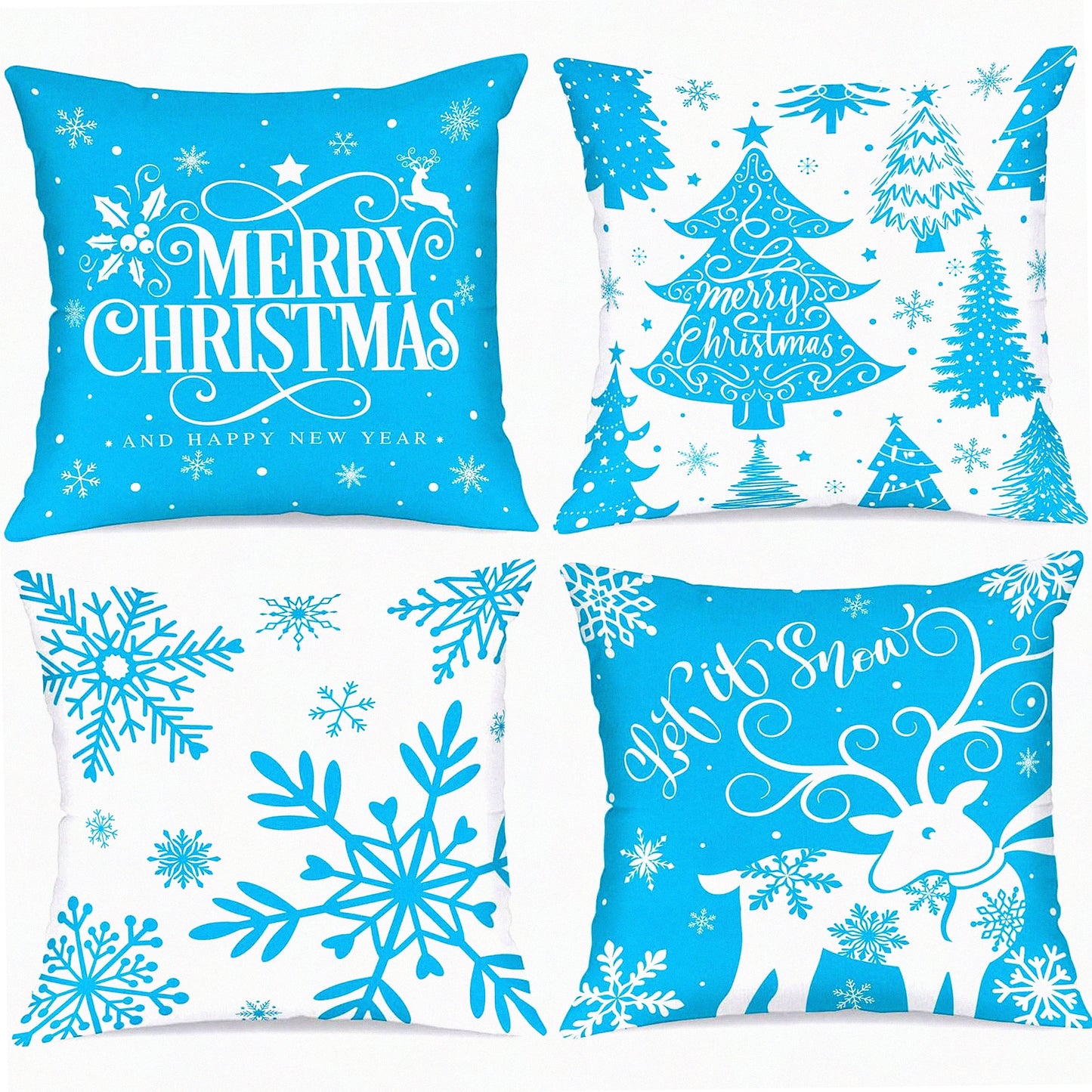 Snowflake Winter Wonderland Pillow Cover Set - 16x16 Decorative Xmas Cushion Case for Home Sofa - White & Blue Throw Pillow Cover - Set of 4