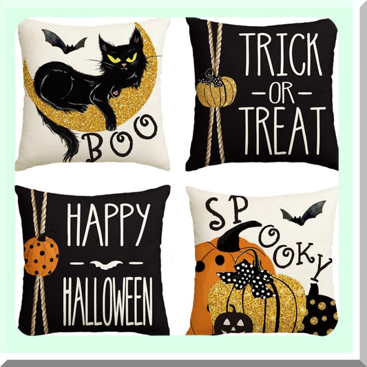 Spooky Black Cat Pumpkin Bat Throw Pillow Covers - Set of 4 - 20 x 20 Inch Halloween Cushion Case for Sofa Couch - Trick or Treat Decor