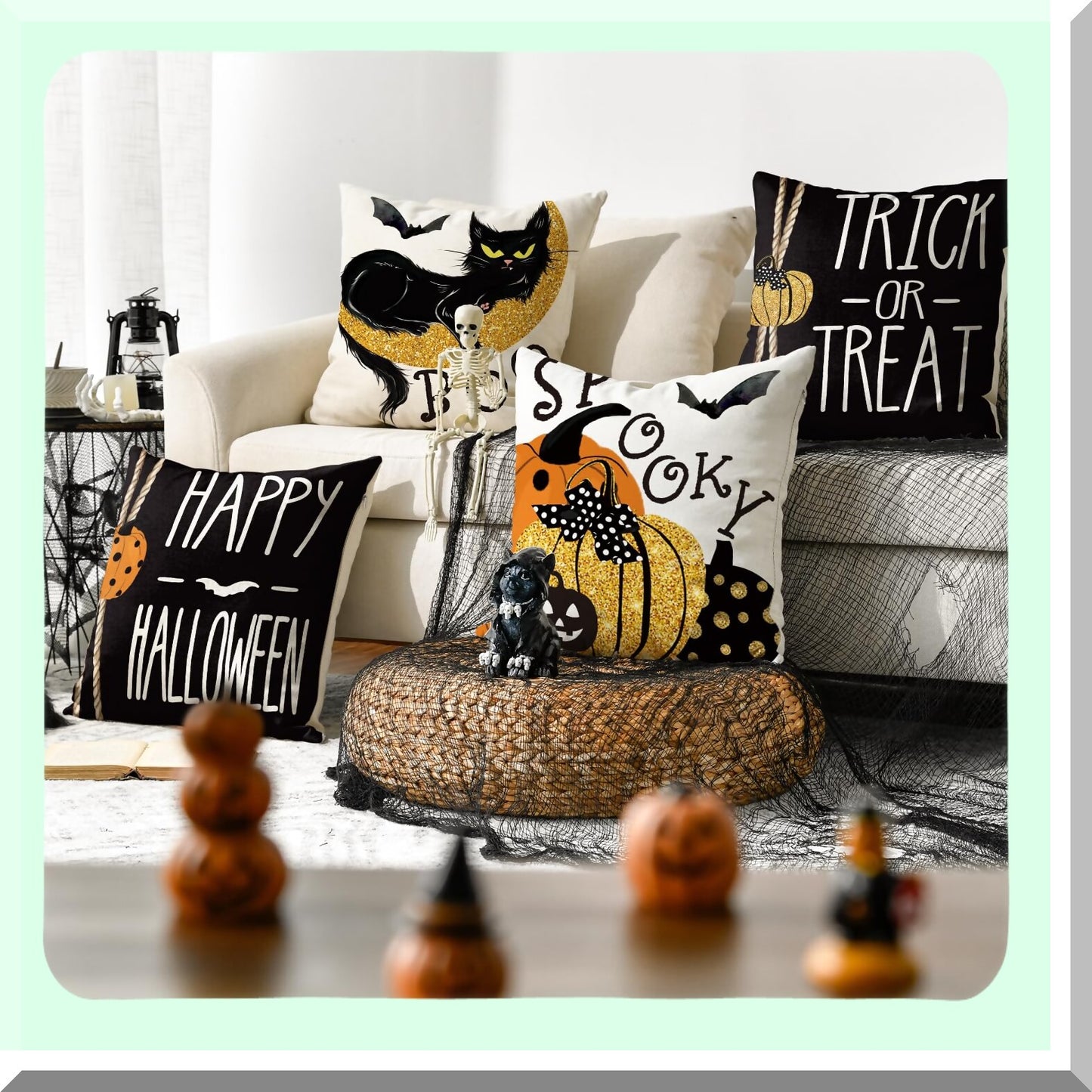 Spooky Black Cat Pumpkin Bat Throw Pillow Covers - Set of 4 - 20 x 20 Inch Halloween Cushion Case for Sofa Couch - Trick or Treat Decor