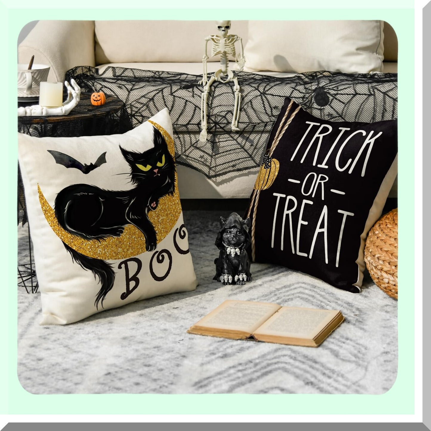 Spooky Black Cat Pumpkin Bat Throw Pillow Covers - Set of 4 - 20 x 20 Inch Halloween Cushion Case for Sofa Couch - Trick or Treat Decor
