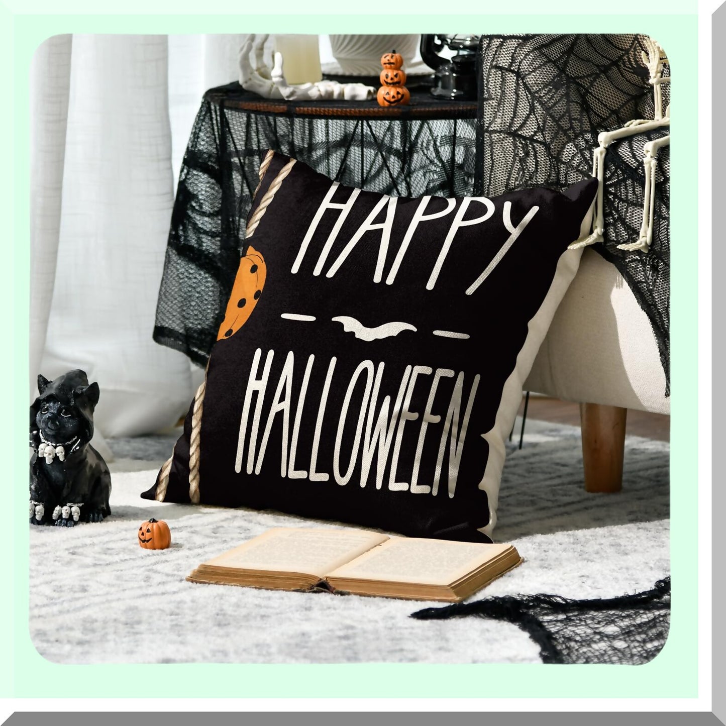 Spooky Black Cat Pumpkin Bat Throw Pillow Covers - Set of 4 - 20 x 20 Inch Halloween Cushion Case for Sofa Couch - Trick or Treat Decor