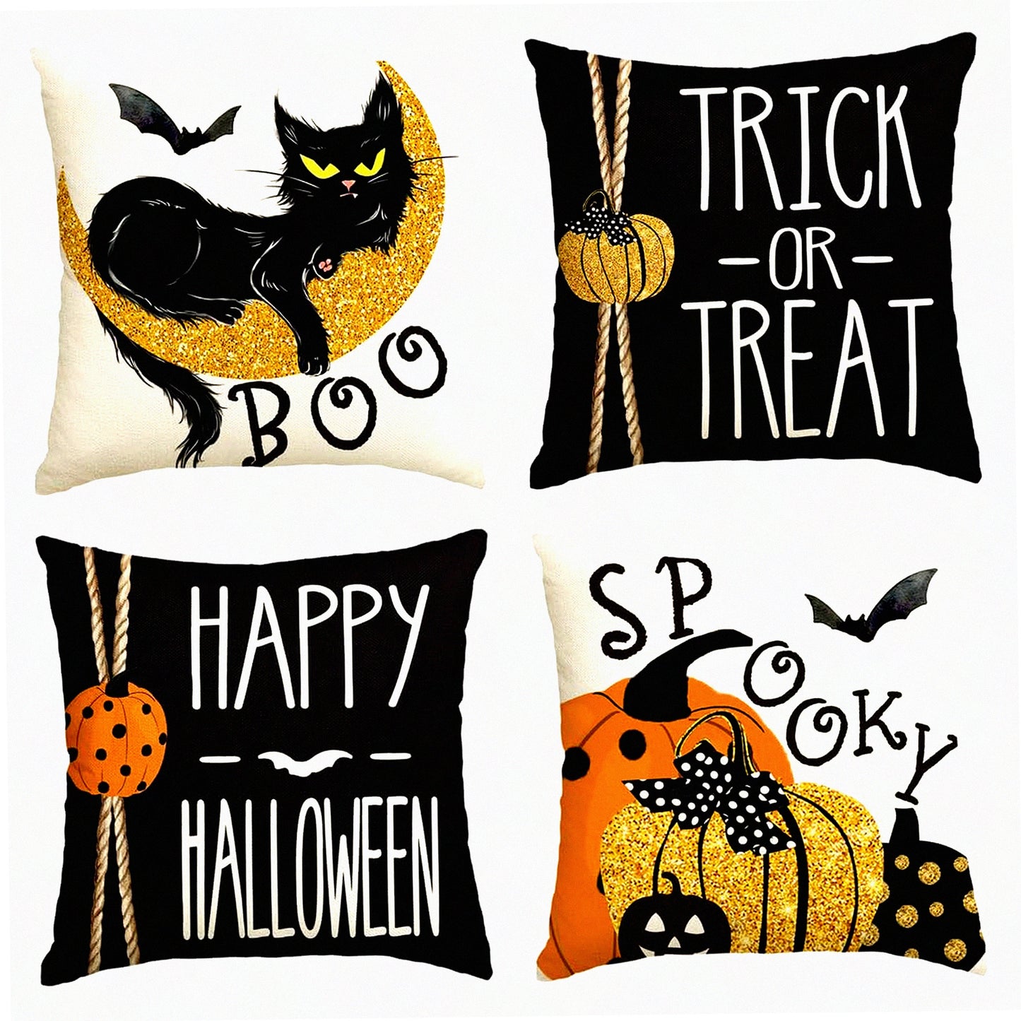 Spooky Black Cat Pumpkin Bat Throw Pillow Covers - Set of 4 - 20 x 20 Inch Halloween Cushion Case for Sofa Couch - Trick or Treat Decor