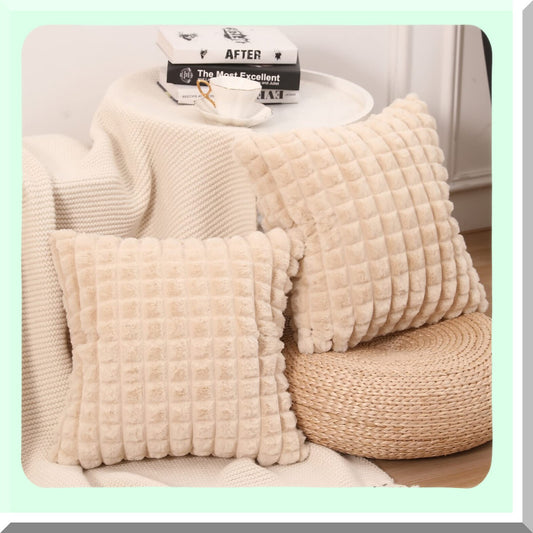 Luxury Plaid Texture Cushion Covers - Set of 2 Super Soft 18x18 Inch Throw Pillow Cases for Home Decor Sofa Couch Bed Farmhouse in Beige Color