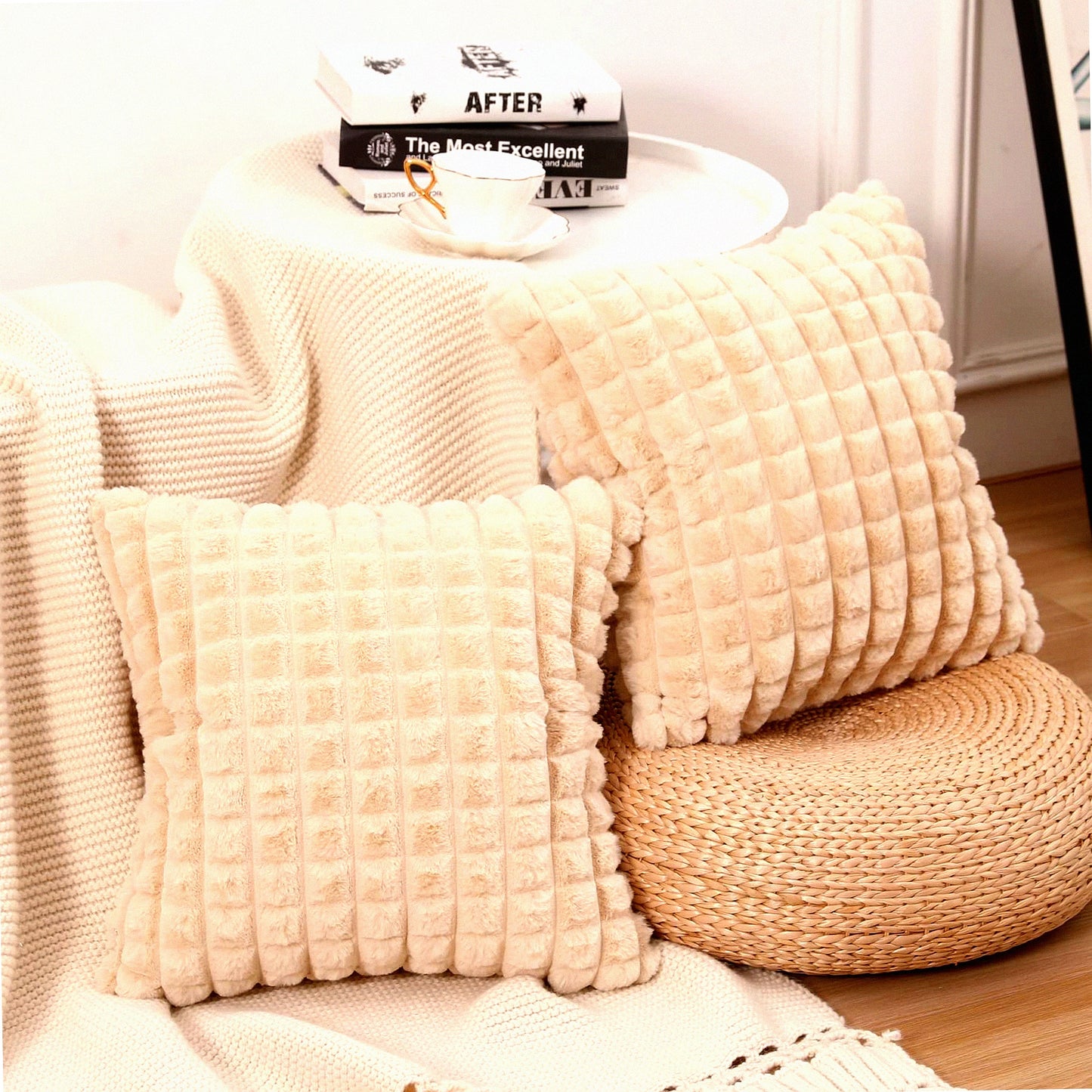 Luxury Plaid Texture Cushion Covers - Set of 2 Super Soft 18x18 Inch Throw Pillow Cases for Home Decor Sofa Couch Bed Farmhouse in Beige Color