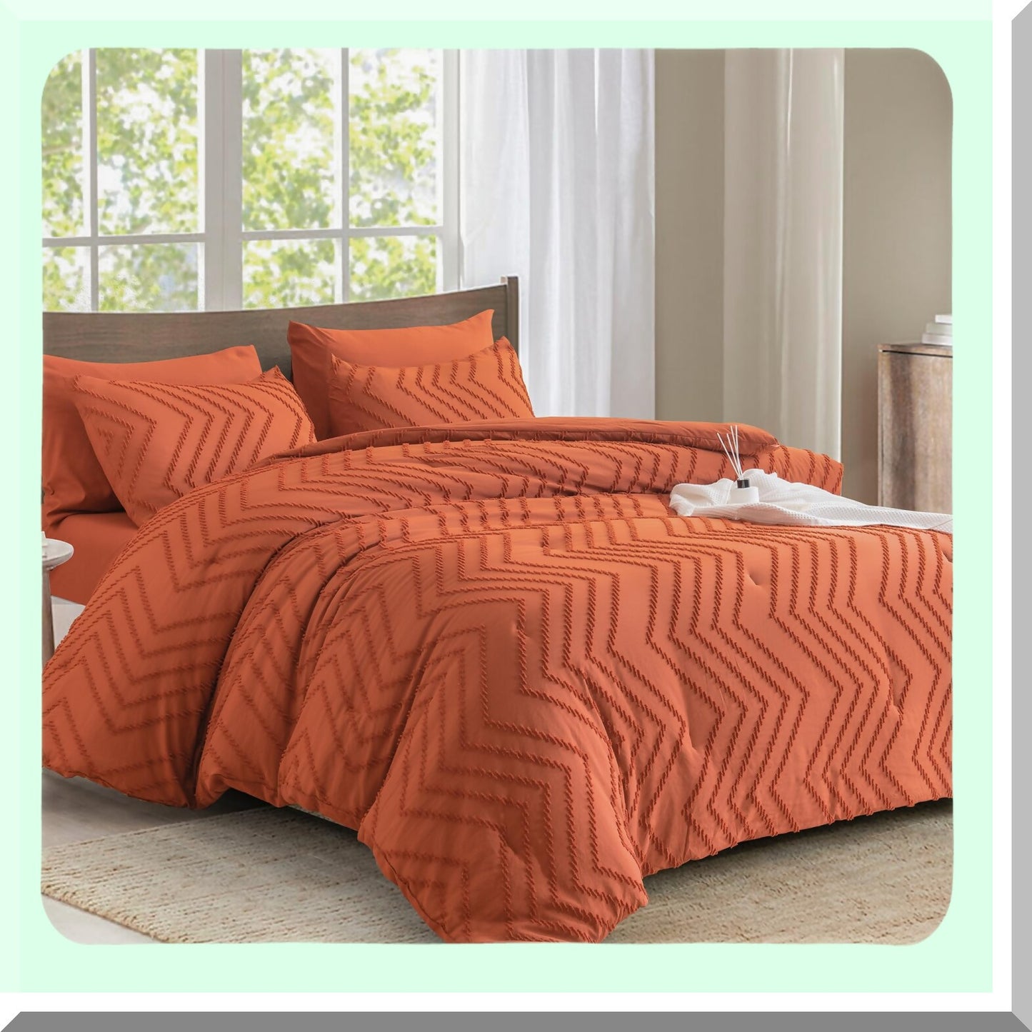 Boho Bliss Burnt Orange Comforter Set - 7 Piece Terracotta Bedding Ensemble with Tufted Details, Soft Fluffy Material, and Cozy Pillow Shams & Cases