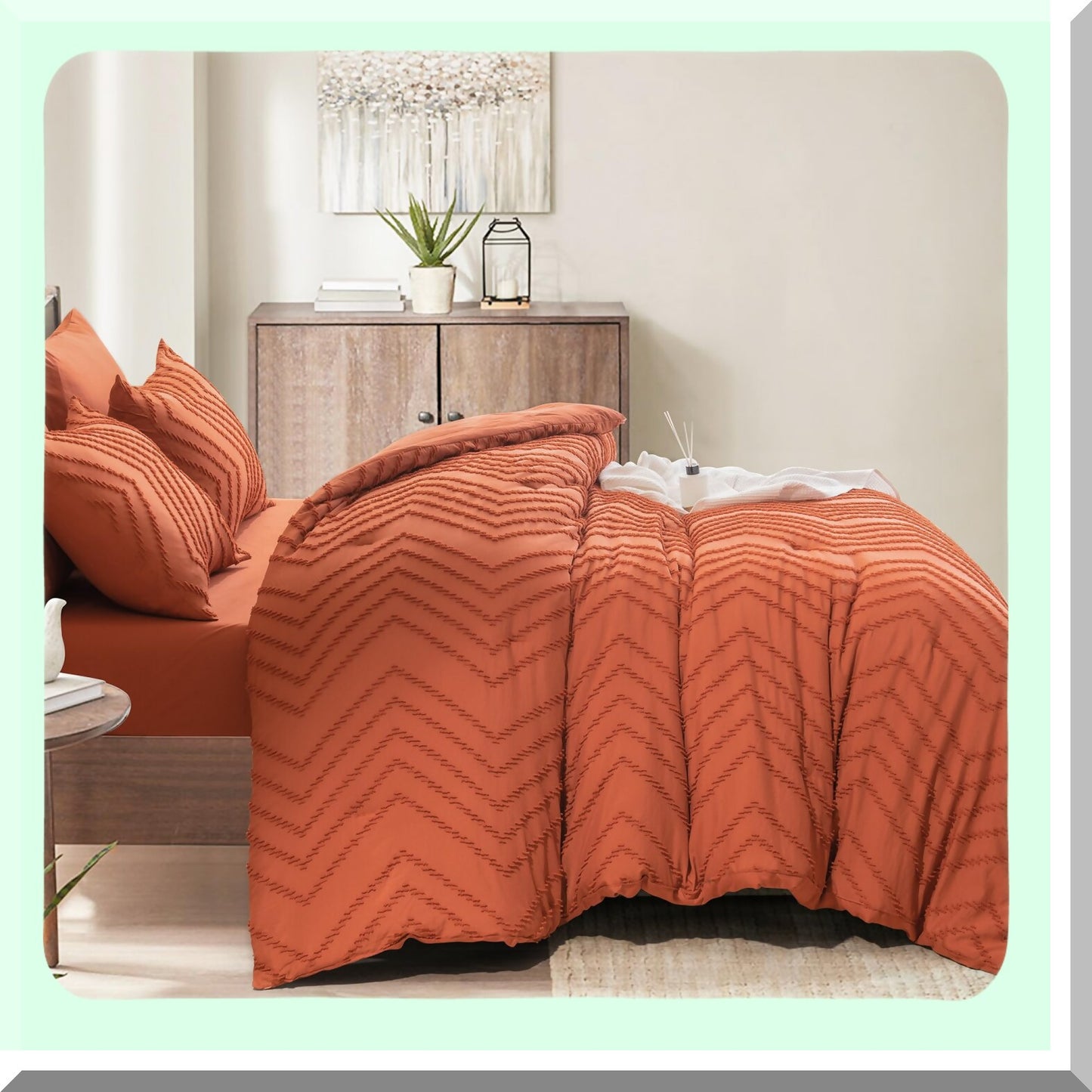 Boho Bliss Burnt Orange Comforter Set - 7 Piece Terracotta Bedding Ensemble with Tufted Details, Soft Fluffy Material, and Cozy Pillow Shams & Cases