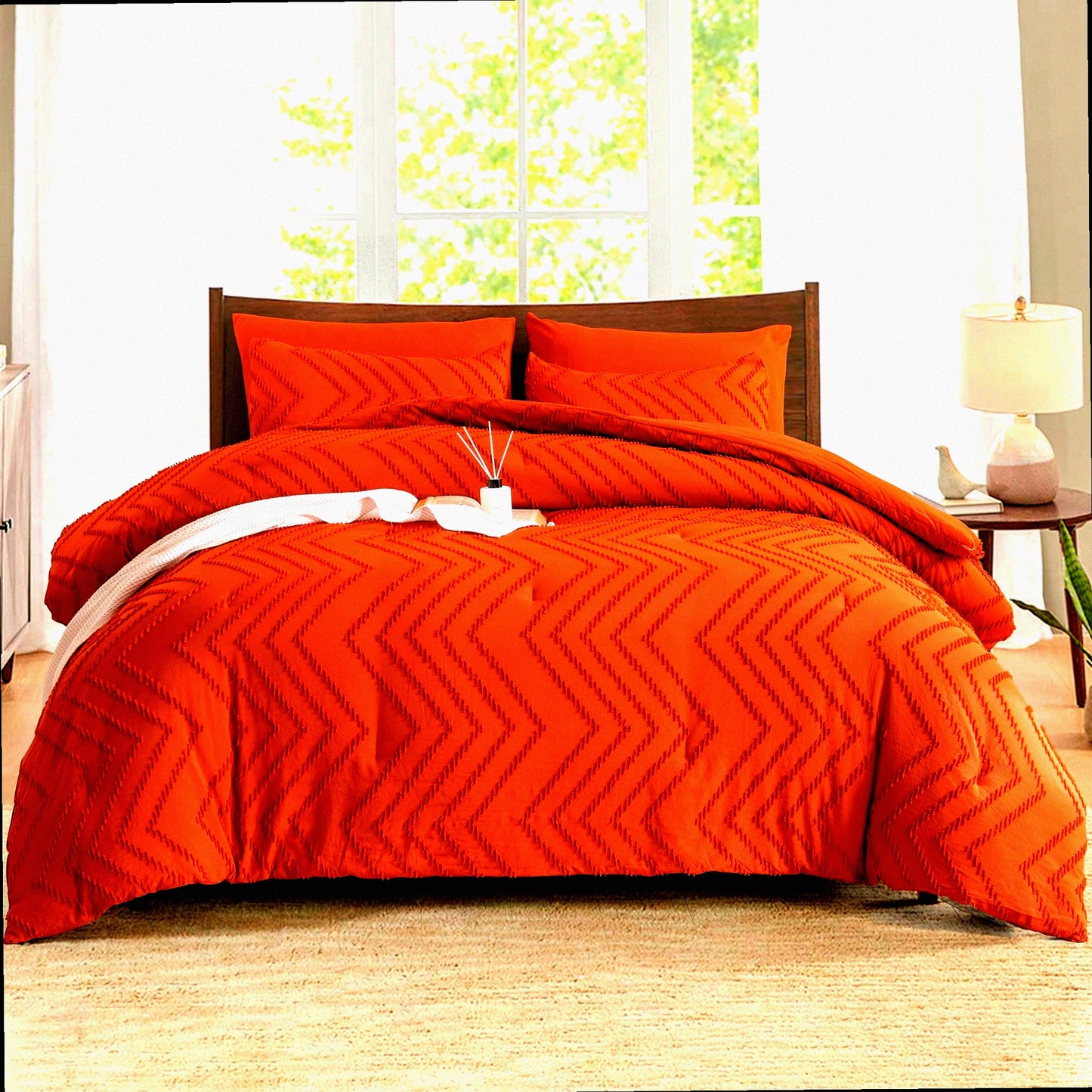 Boho Bliss Burnt Orange Comforter Set - 7 Piece Terracotta Bedding Ensemble with Tufted Details, Soft Fluffy Material, and Cozy Pillow Shams & Cases