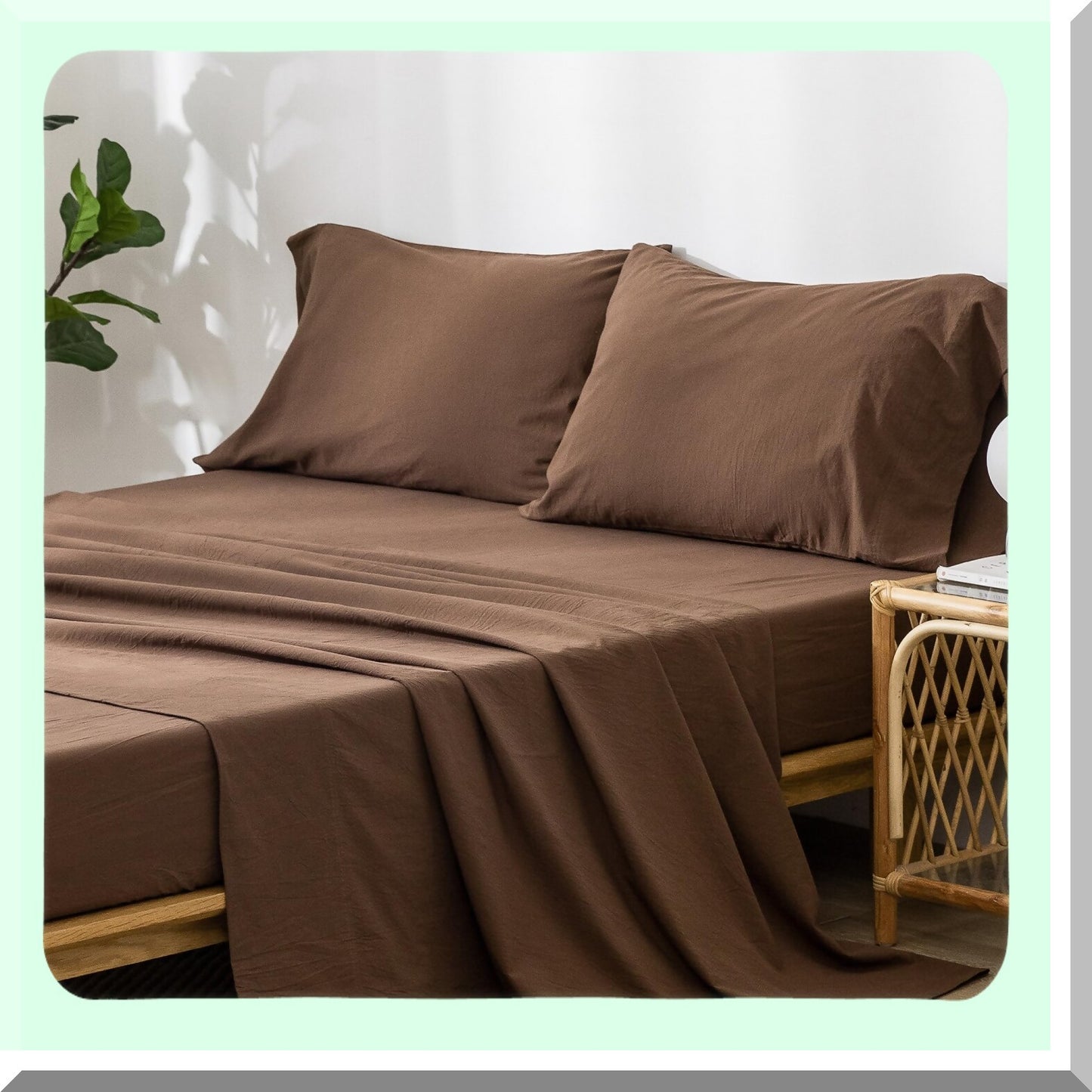 Cocoa Brown Linen Comfort Set - 100% Washed Cotton Bedding Sheet, Breathable & Durable, Queen Size, Soft & Comfy, Textured Luxe Feel