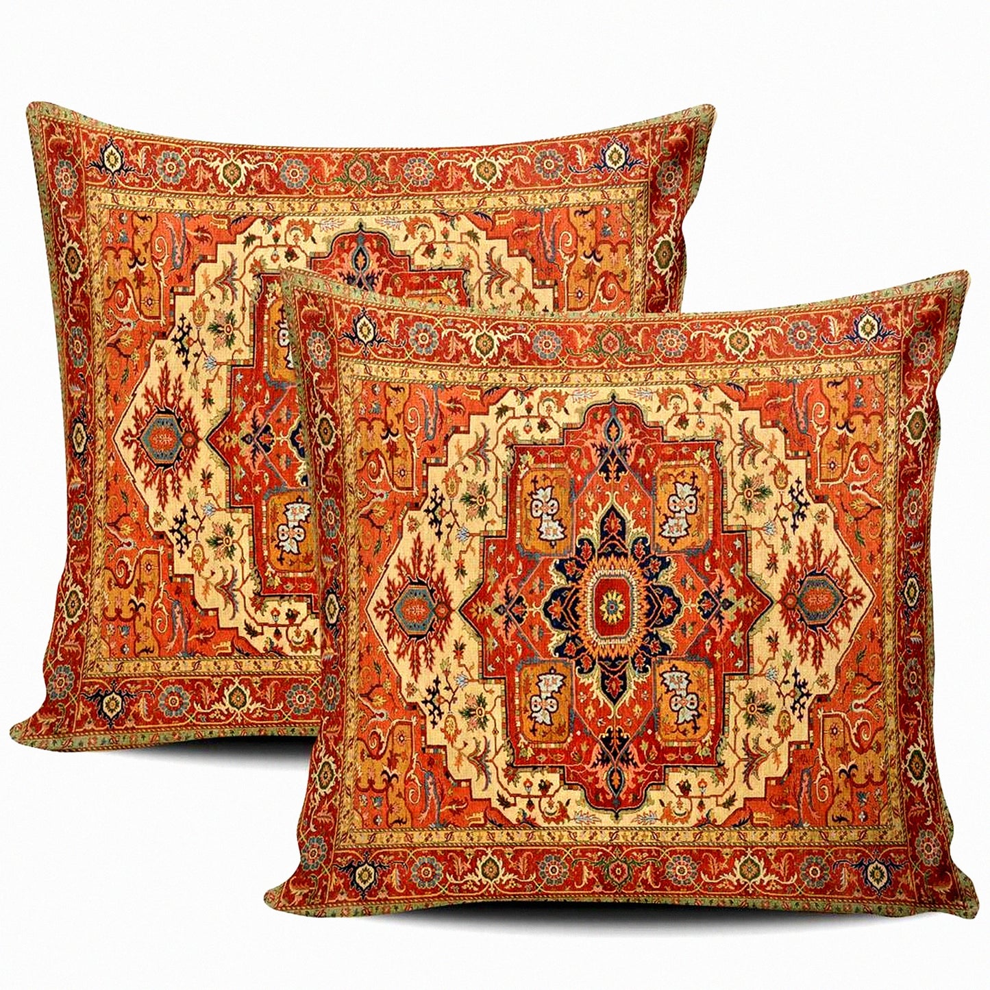 Persian Rug Inspired Decorative Pillow Covers - Set of 2, Square 16x16 Inches, Double-Sided Print, Home Decor Throw Pillowcases