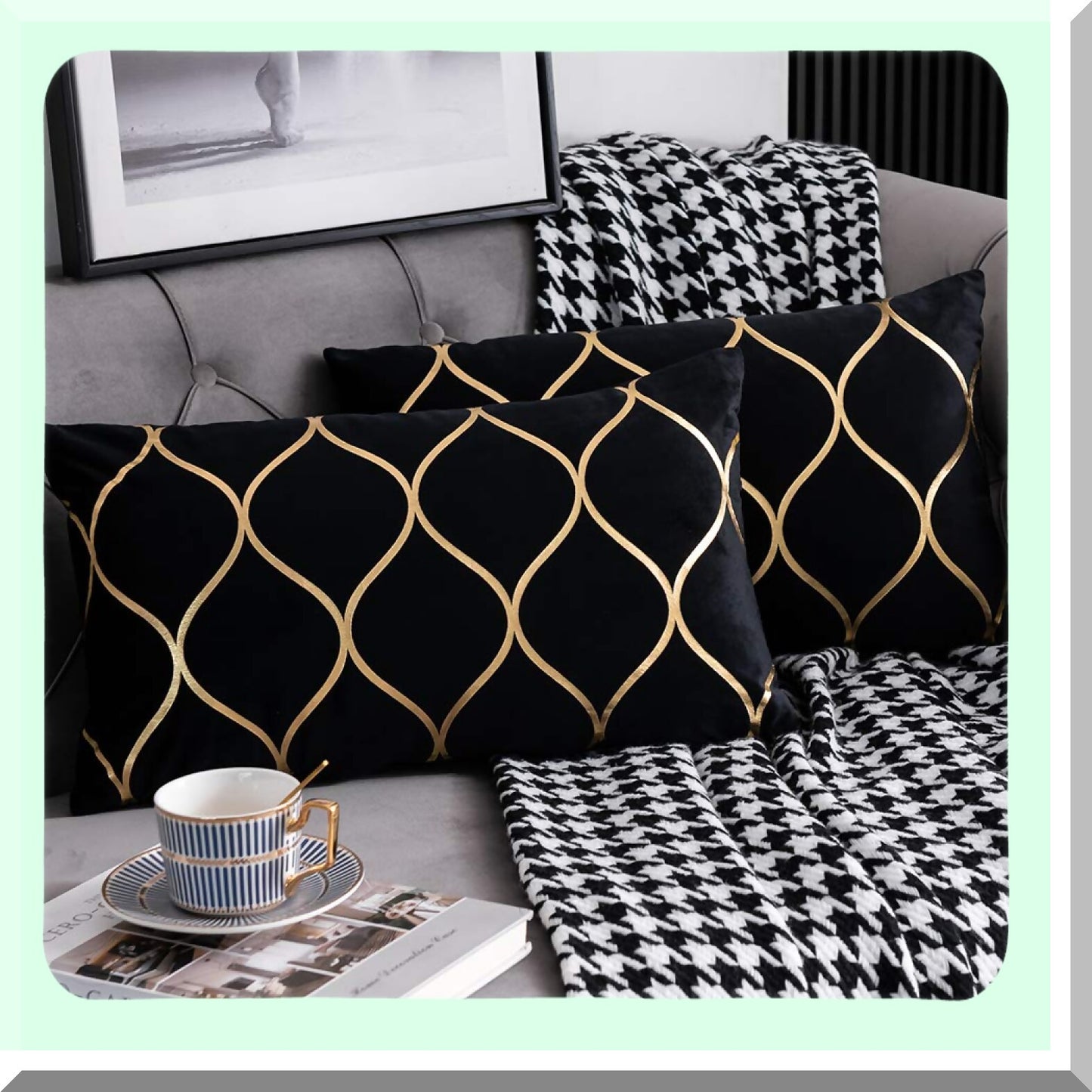 Luxury Gold Velvet Pillow Covers - Set of 2 Rectangular Decorative Cases for Bedroom, Sofa, Couch, Living Room - 12x20 Inch Black Throw Pillows