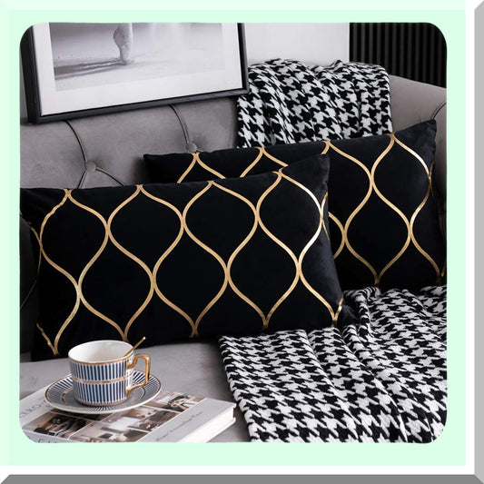 Luxury Gold Velvet Pillow Covers - Set of 2 Rectangular Decorative Cases for Bedroom, Sofa, Couch, Living Room - 12x20 Inch Black Throw Pillows