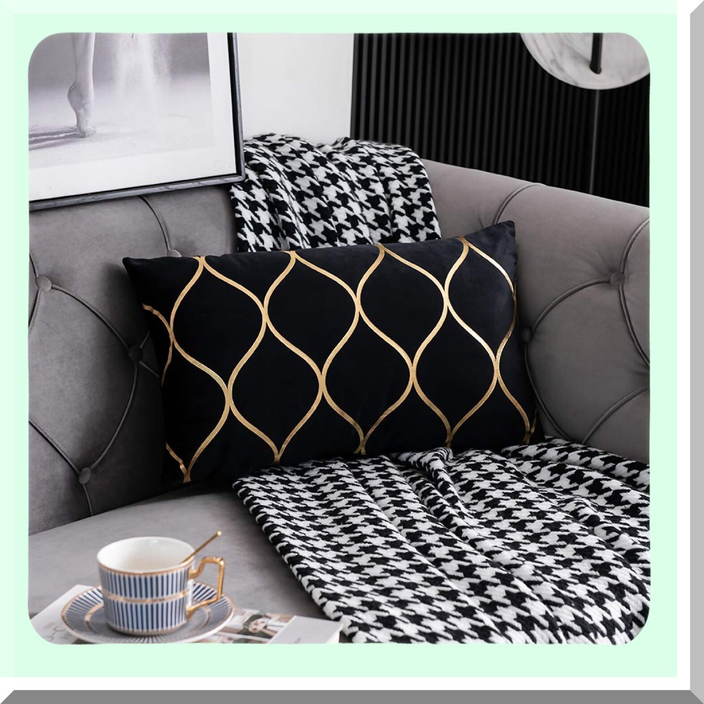 Luxury Gold Velvet Pillow Covers - Set of 2 Rectangular Decorative Cases for Bedroom, Sofa, Couch, Living Room - 12x20 Inch Black Throw Pillows