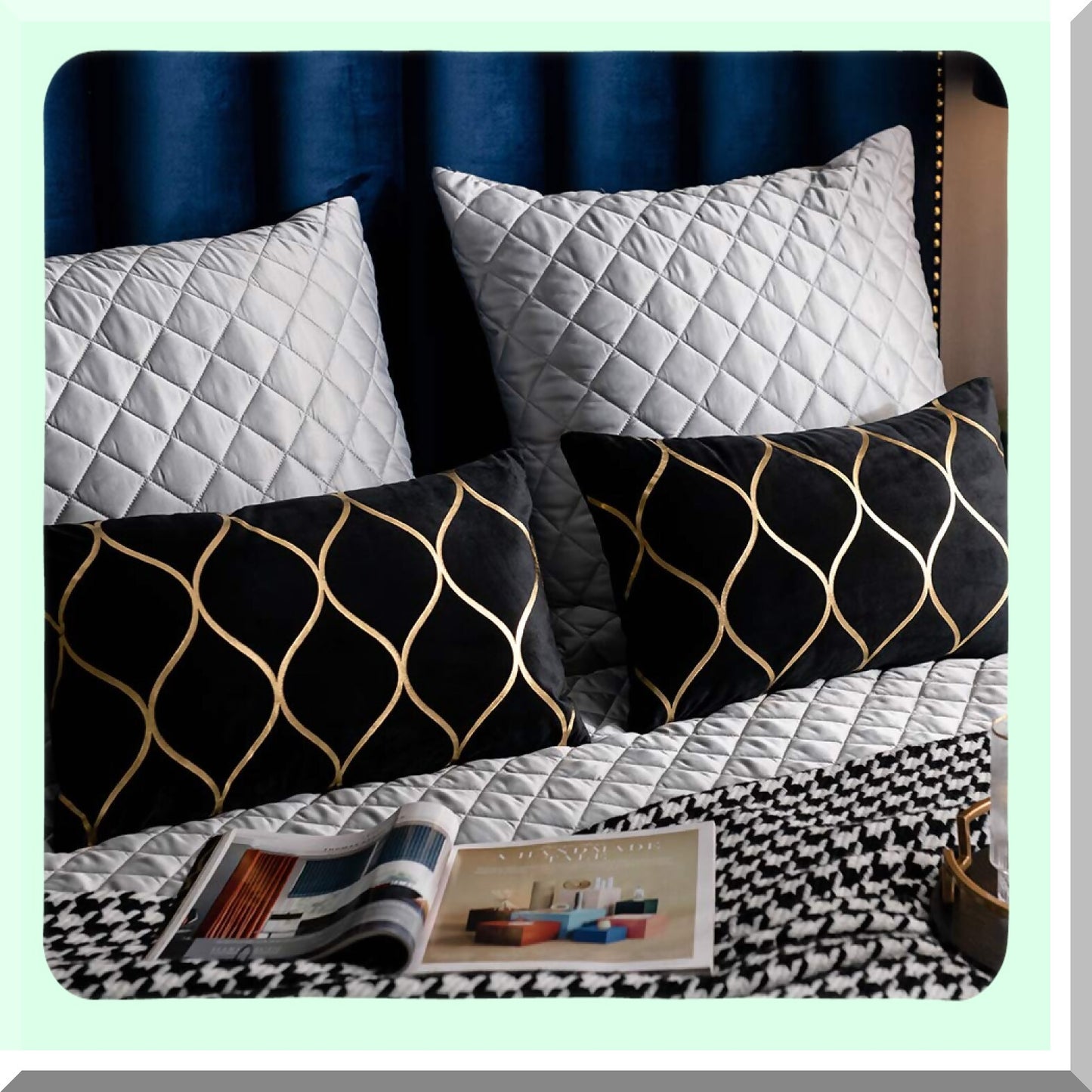 Luxury Gold Velvet Pillow Covers - Set of 2 Rectangular Decorative Cases for Bedroom, Sofa, Couch, Living Room - 12x20 Inch Black Throw Pillows