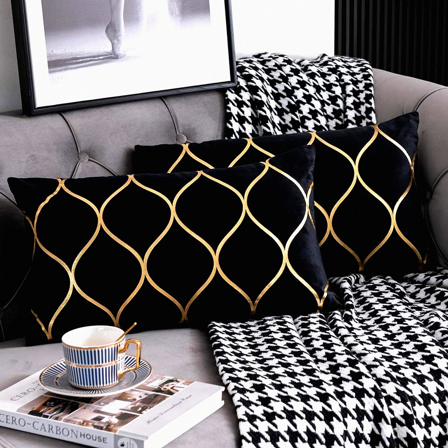 Luxury Gold Velvet Pillow Covers - Set of 2 Rectangular Decorative Cases for Bedroom, Sofa, Couch, Living Room - 12x20 Inch Black Throw Pillows