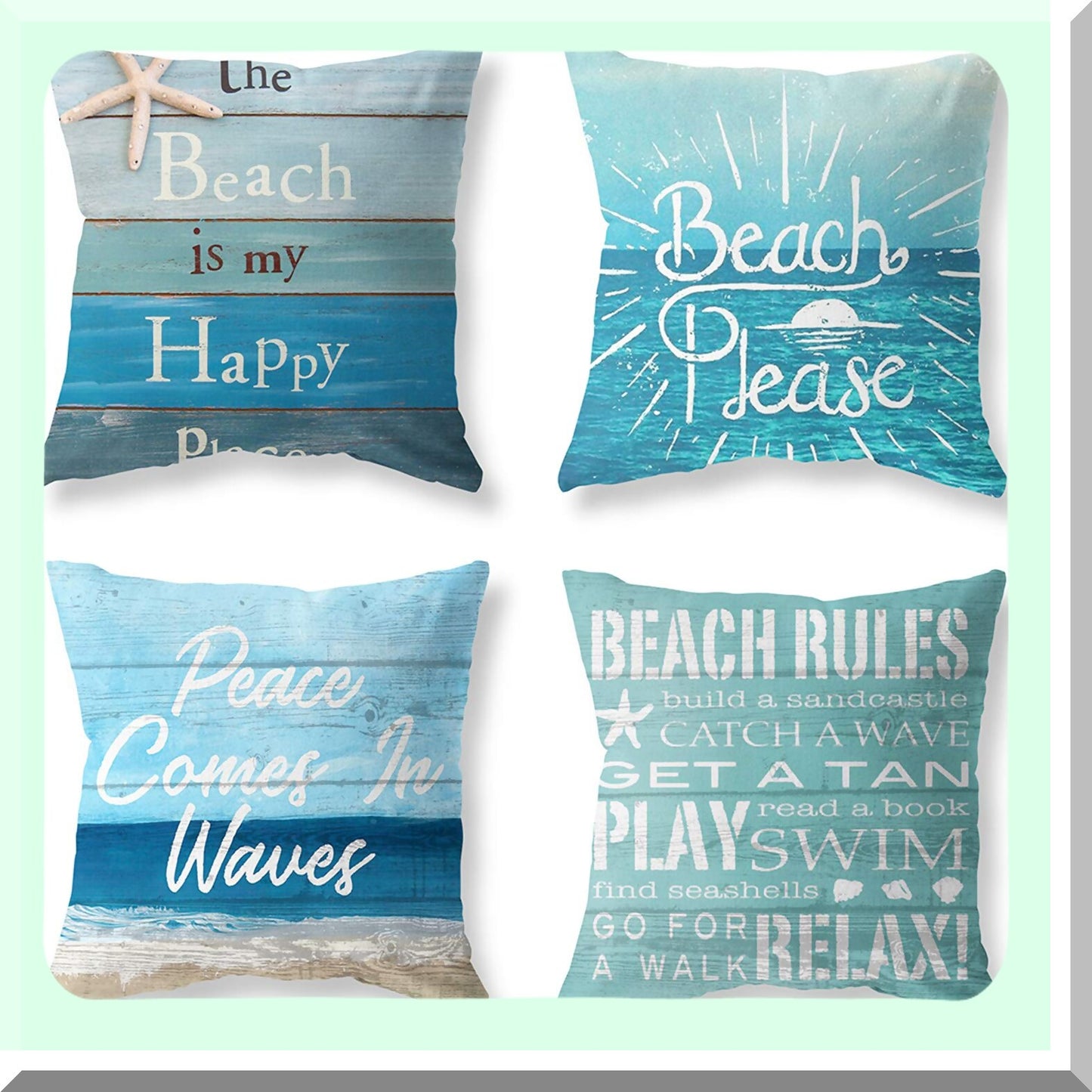 Coastal Breeze Summer Pillow Covers - Set of 4 Teal Green Turquoise 18x18 Square Linen Cushion Cases for Living Room Sofa Bed & Outdoor Decor