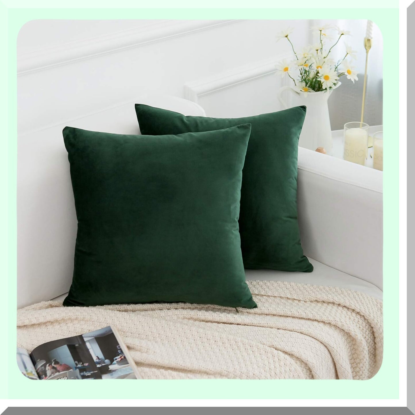 Luxury Green Velvet Cushion Covers - Soft Square Decorative Throw Pillow Cases for Sofa Couch Bed Chair - 18x18 Inch Set of 2 - Elegant Home Decor