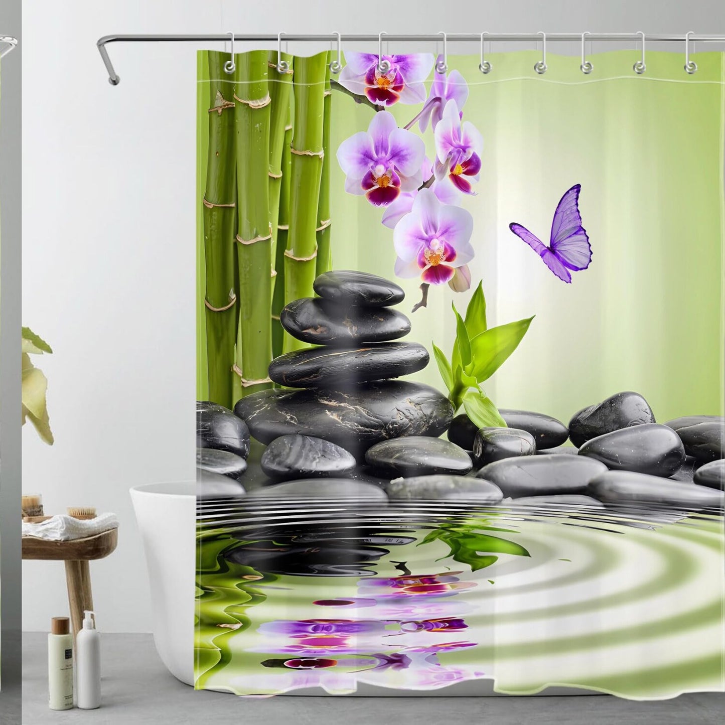 Purple Butterfly Floral and Green Bamboo Shower Curtain 60" x 72"