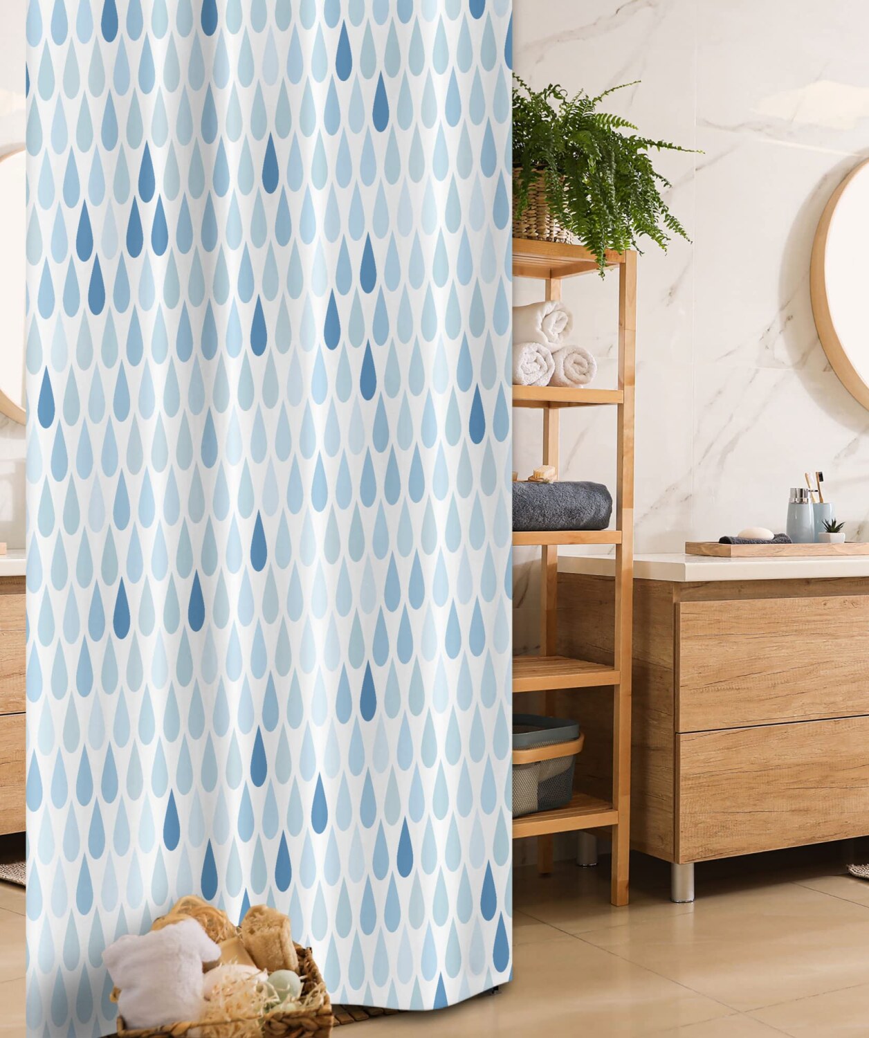 Blue and White Rain Drops Shower Curtain 36x72