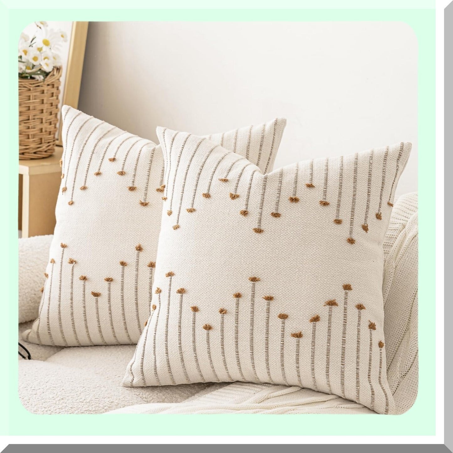 Neutral Farmhouse Textured Pillow Covers - Set of 2 | Modern Boho Square Cushion Cases for Sofa & Living Room | Beige & Brown Decorative Pillowcases