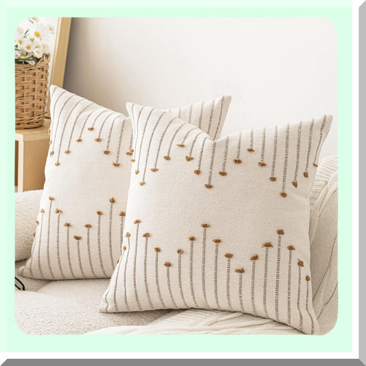 Neutral Farmhouse Textured Pillow Covers - Set of 2 | Modern Boho Square Cushion Cases for Sofa & Living Room | Beige & Brown Decorative Pillowcases