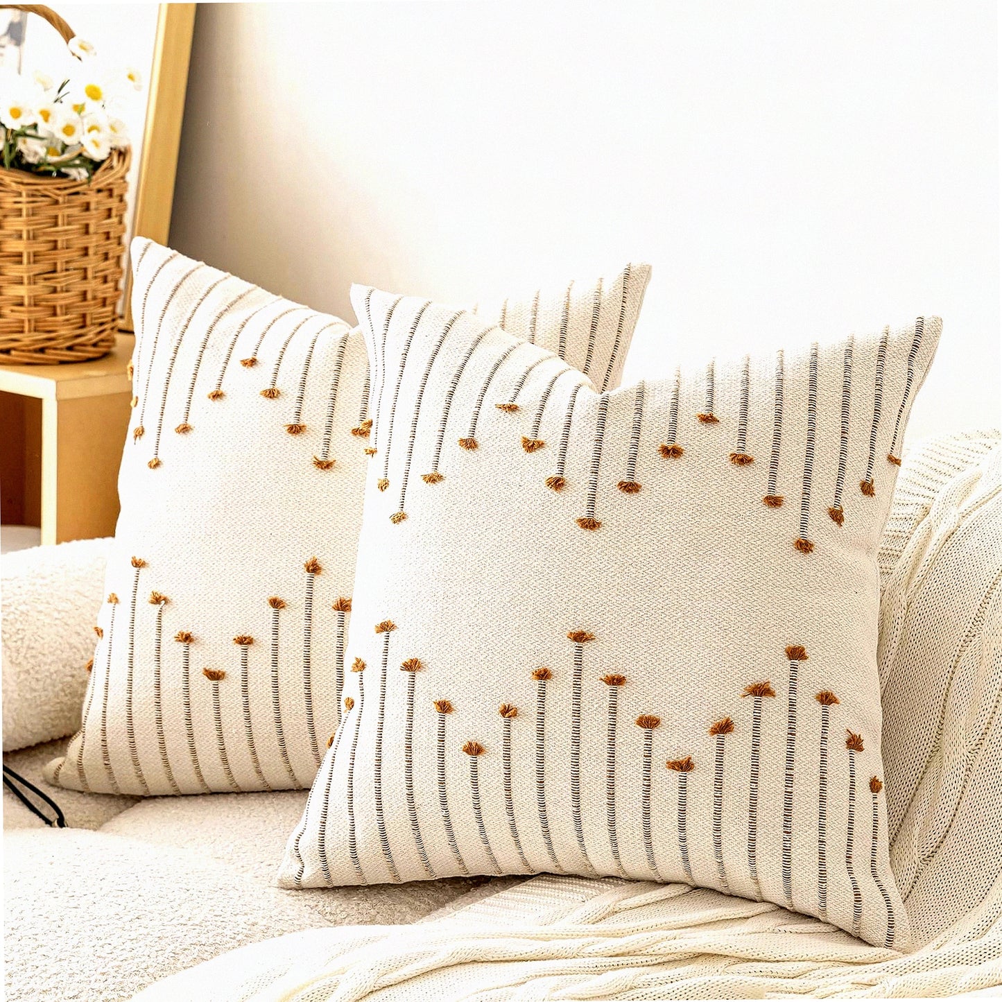 Neutral Farmhouse Textured Pillow Covers - Set of 2 | Modern Boho Square Cushion Cases for Sofa & Living Room | Beige & Brown Decorative Pillowcases