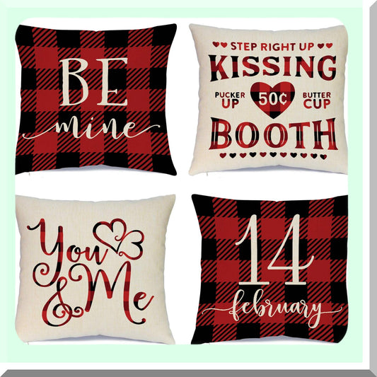 Valentine's Day Buffalo Check Pillow Set - Red Black 18x18 Inch Decorative Cushion Covers for Home Decor - Throw Pillows Decoration Case Pack of 4