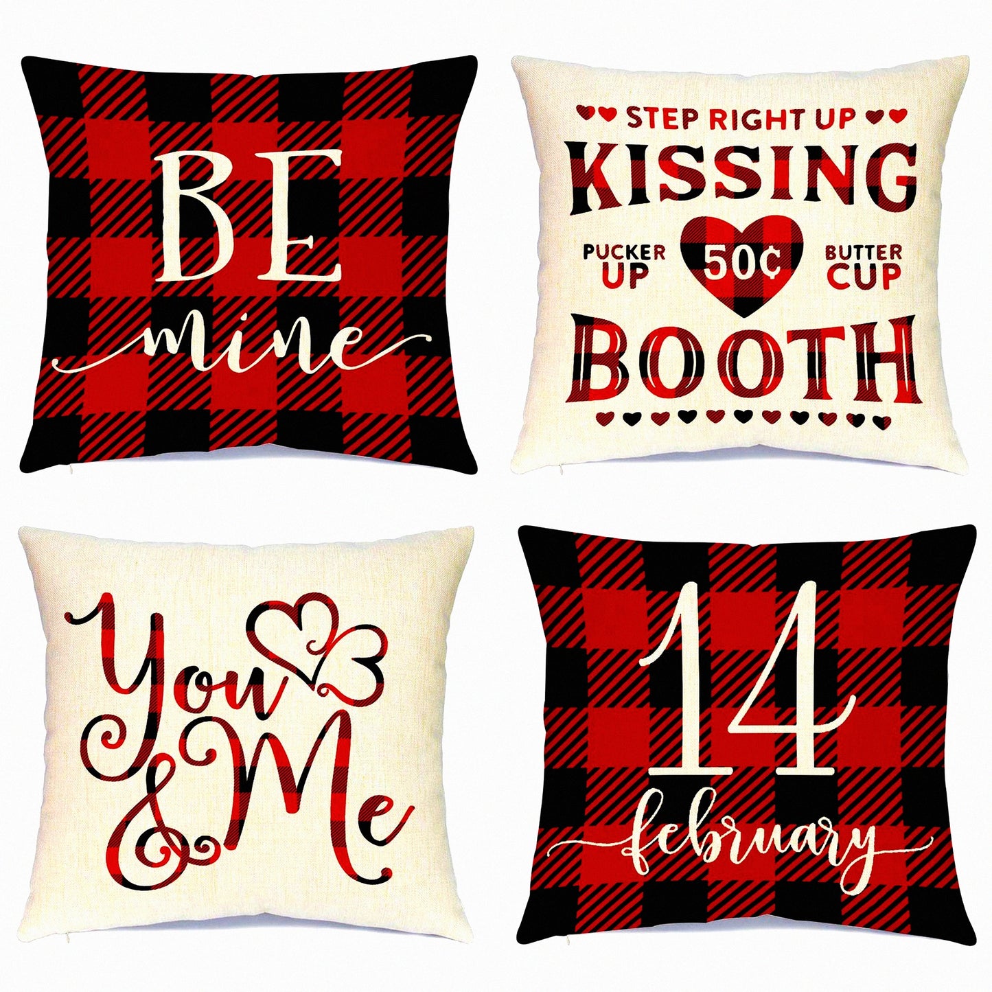 Valentine's Day Buffalo Check Pillow Set - Red Black 18x18 Inch Decorative Cushion Covers for Home Decor - Throw Pillows Decoration Case Pack of 4
