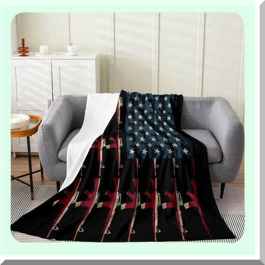 PatriotGuard Vintage Soldier Fleece Blanket - Twin 60x80, USA Flag, Retro Army Weapons, Stars and Stripes Theme
